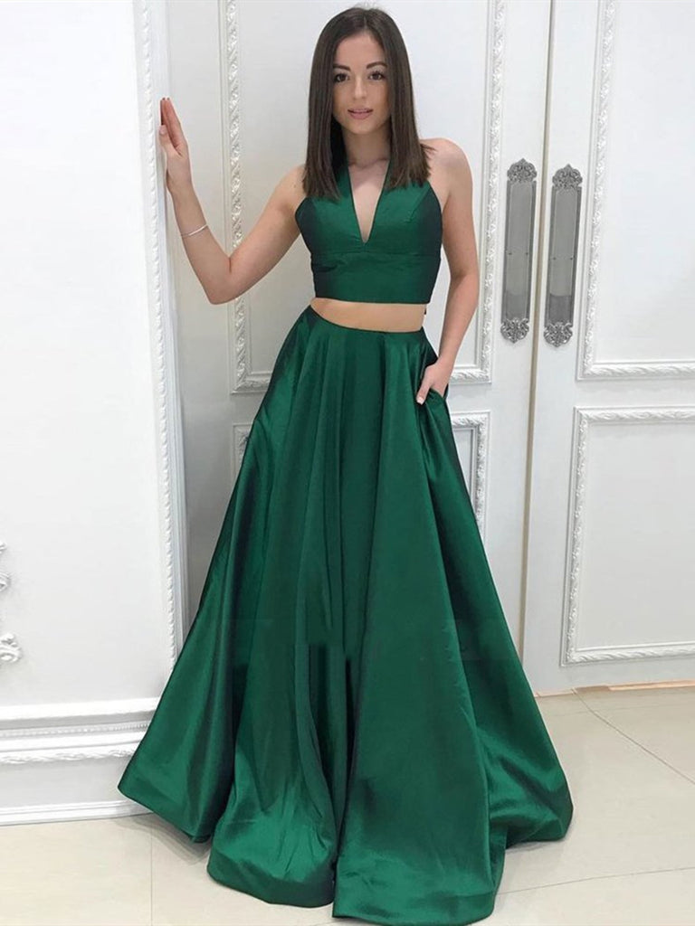 A Line Halter Neck 2 Pieces Green Prom ...